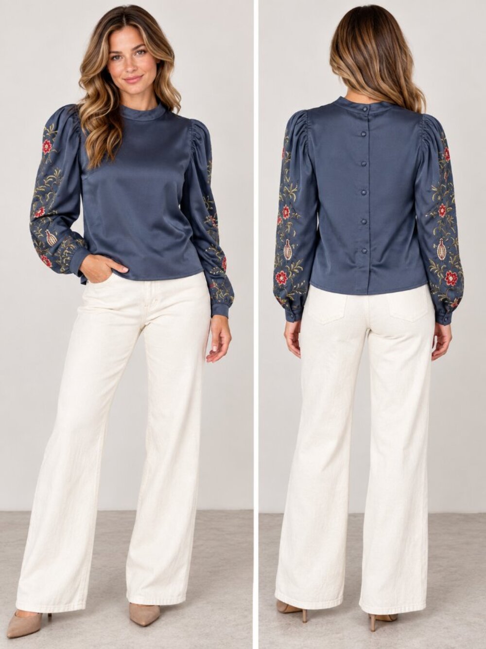 H&M Navy Floral Embroidered Puff Sleeve Blouse Size 8